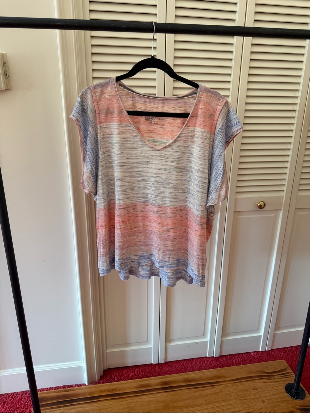 Pilcro Striped V-Neck Short Sleeve Top in Coral and Light Blue
